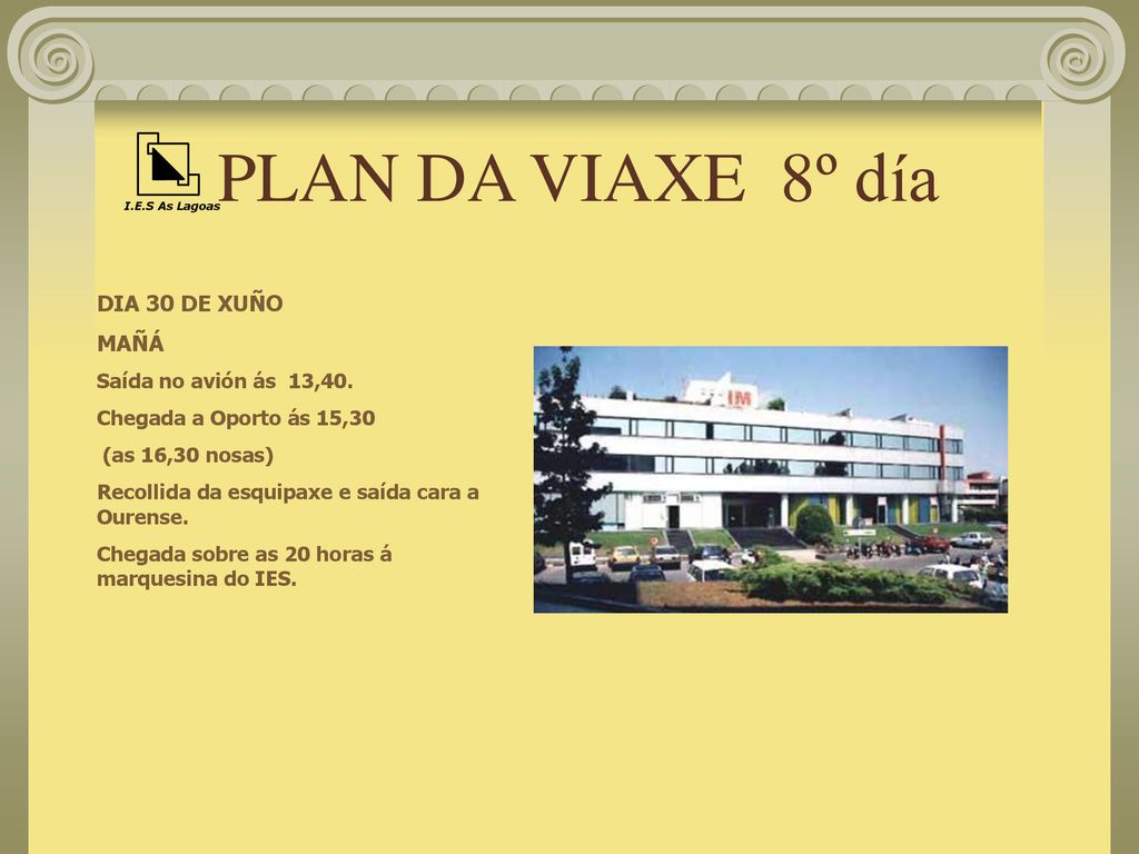 PLAN DA VIAXE 8º día DIA 30 DE XUÑO MAÑÁ Saída no avión ás 13,40.