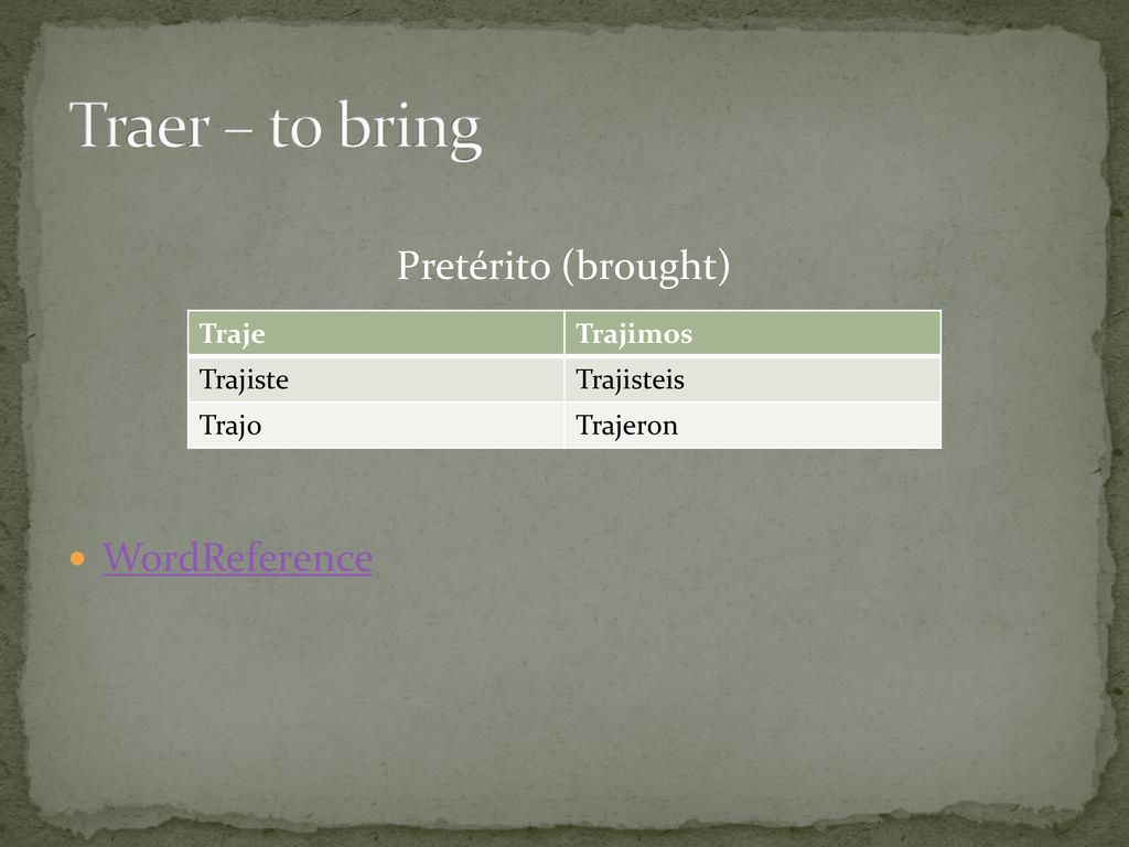 Traer – to bring Pretérito (brought) WordReference Traje Trajimos