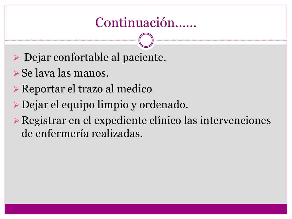 Continuación…… Dejar confortable al paciente. Se lava las manos.