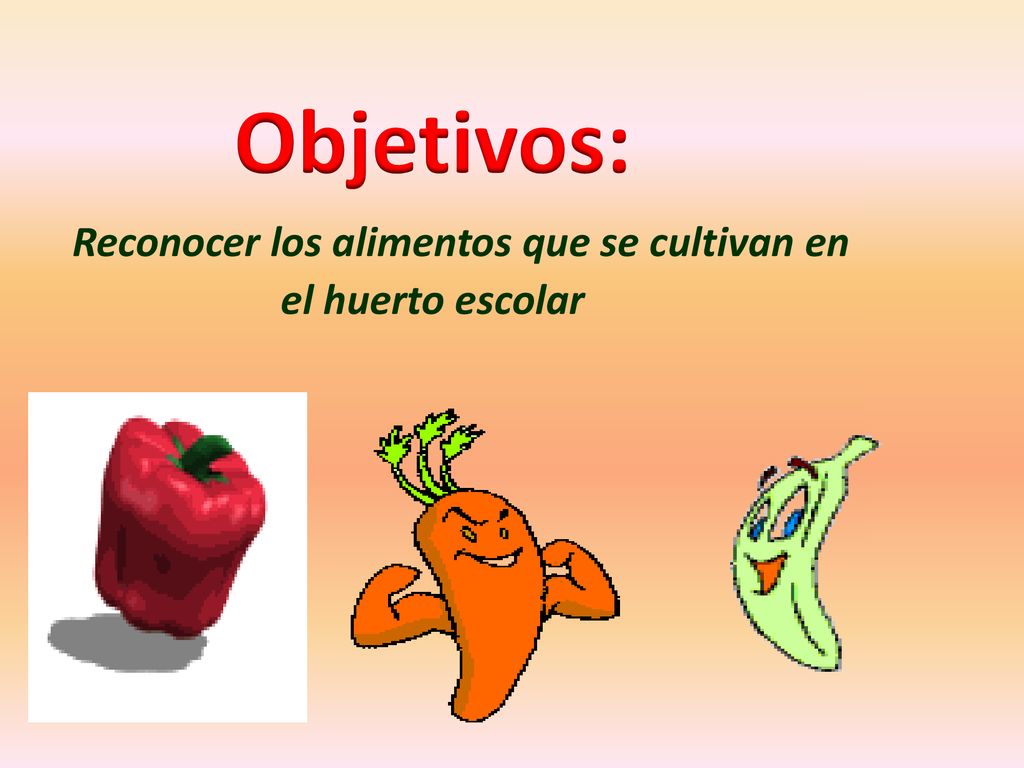 Objetivos: Reconocer los alimentos que se cultivan en el huerto escolar