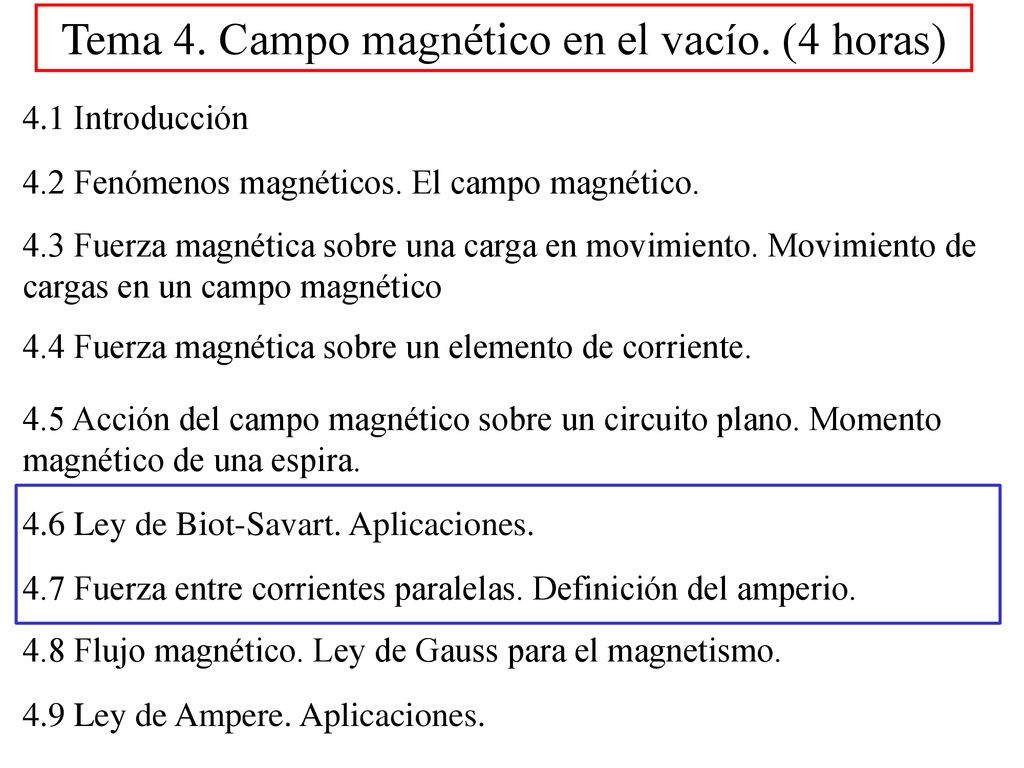 Tema 4. Campo magnético en el vacío. (4 horas)
