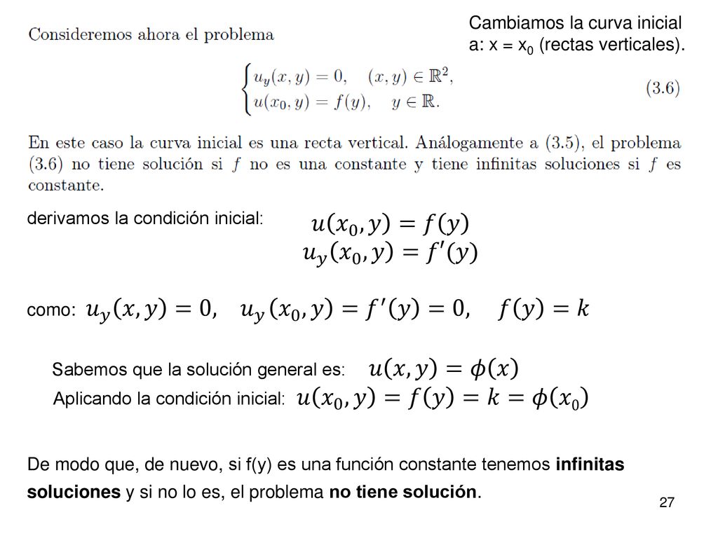 Aplicando la condición inicial: 𝑢 𝑥 0 ,𝑦 =𝑓 𝑦 =𝑘=𝜙 𝑥0 𝑢 𝑥 0 ,𝑦 =𝑓 𝑦