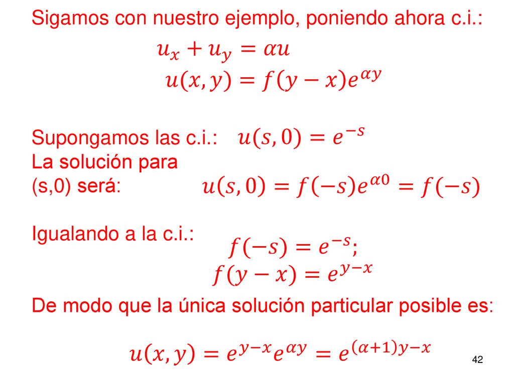 𝑢 𝑥 + 𝑢 𝑦 =𝛼𝑢 𝑢(𝑥,𝑦)=𝑓 𝑦−𝑥 𝑒 𝛼𝑦 𝑢(𝑠,0)= 𝑒 −𝑠 𝑢 𝑠,0 =𝑓 −𝑠 𝑒 𝛼0 =𝑓(−𝑠)