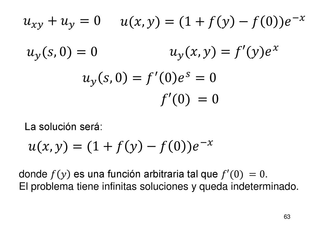 𝑢 𝑥𝑦 + 𝑢 𝑦 =0 𝑢(𝑥,𝑦)=(1+𝑓 𝑦 −𝑓 0 )𝑒 −𝑥 𝑢 𝑦 (𝑠,0)=0 𝑢 𝑦 (𝑥,𝑦)=𝑓′(𝑦) 𝑒 𝑥