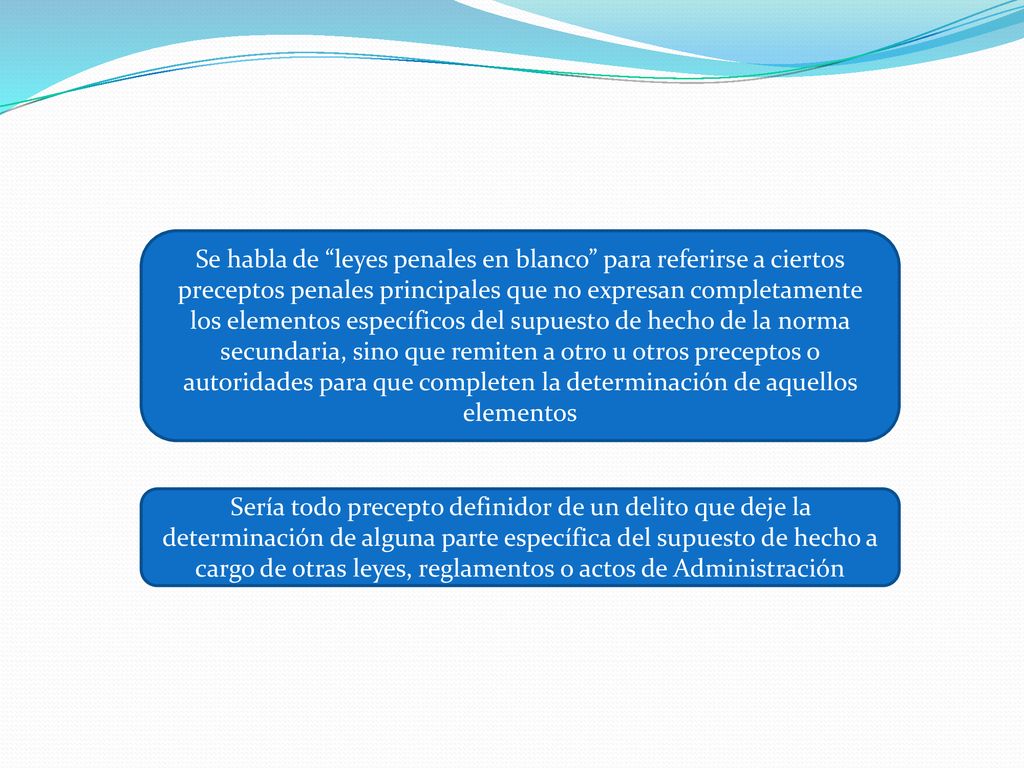 Se habla de leyes penales en blanco para referirse a ciertos preceptos penales principales que no expresan completamente los elementos específicos del supuesto de hecho de la norma secundaria, sino que remiten a otro u otros preceptos o autoridades para que completen la determinación de aquellos elementos