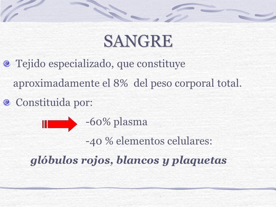 SANGRE Tejido especializado, que constituye aproximadamente el 8% del peso corporal total. Constituida por: