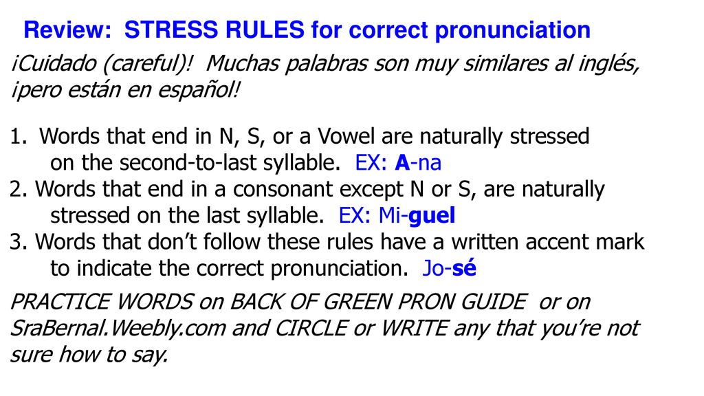Review: STRESS RULES for correct pronunciation