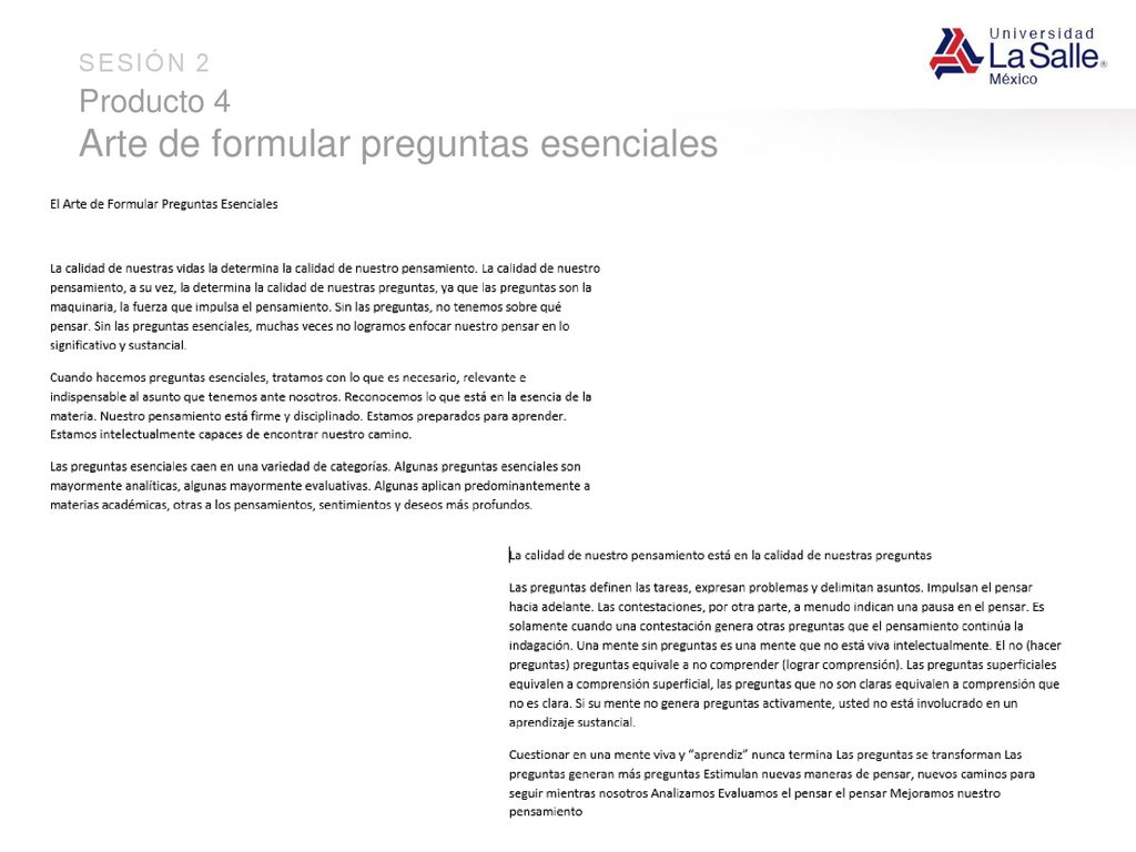 Producto 4 Arte de formular preguntas esenciales