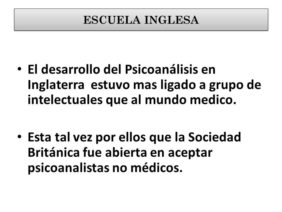 ESCUELA INGLESA El desarrollo del Psicoanálisis en Inglaterra estuvo mas ligado a grupo de intelectuales que al mundo medico.
