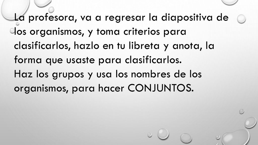 La profesora, va a regresar la diapositiva de los organismos, y toma criterios para clasificarlos, hazlo en tu libreta y anota, la forma que usaste para clasificarlos.