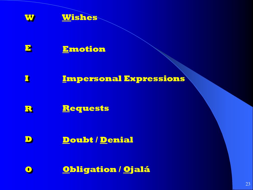 W E I R D O Wishes Emotion Impersonal Expressions Requests Doubt / Denial Obligation / Ojalá