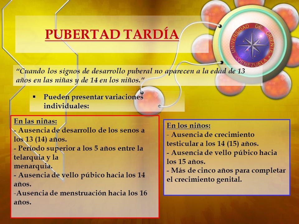PUBERTAD TARDÍA Cuando los signos de desarrollo puberal no aparecen a la edad de 13 años en las niñas y de 14 en los niños.