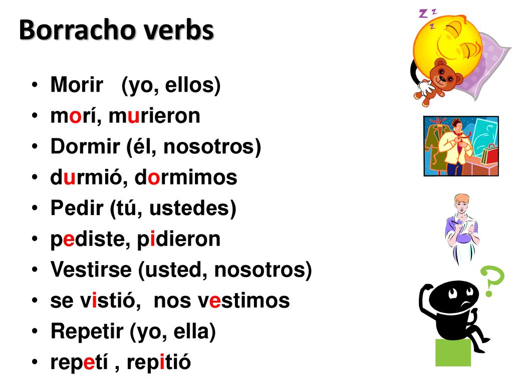 Borracho verbs Morir (yo, ellos) morí, murieron Dormir (él, nosotros)