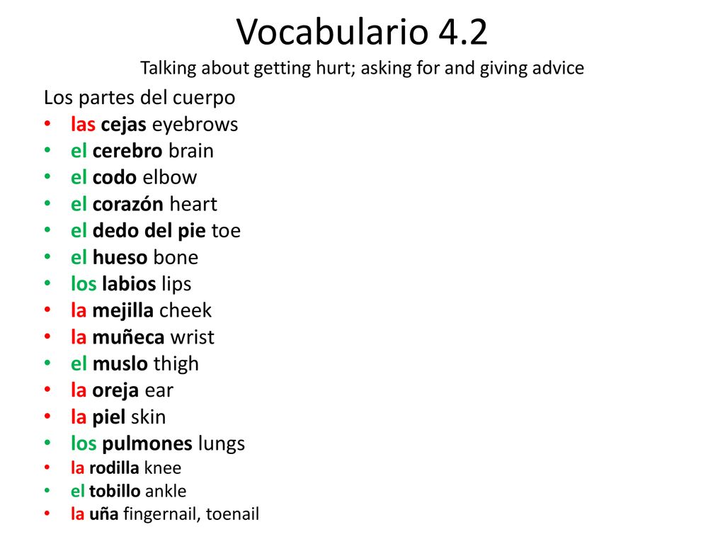 Vocabulario 4.2 Talking about getting hurt; asking for and giving advice