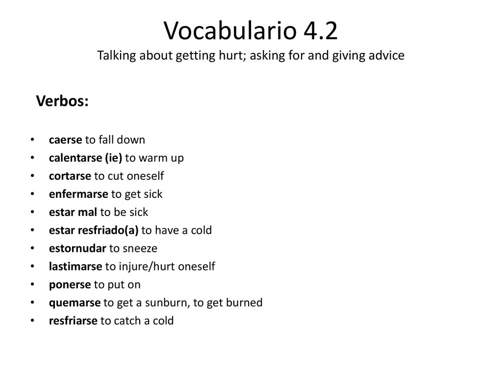 Vocabulario 4.2 Talking about getting hurt; asking for and giving advice
