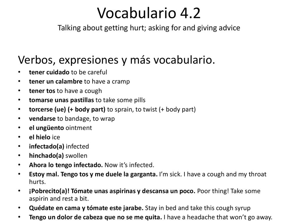 Vocabulario 4.2 Talking about getting hurt; asking for and giving advice