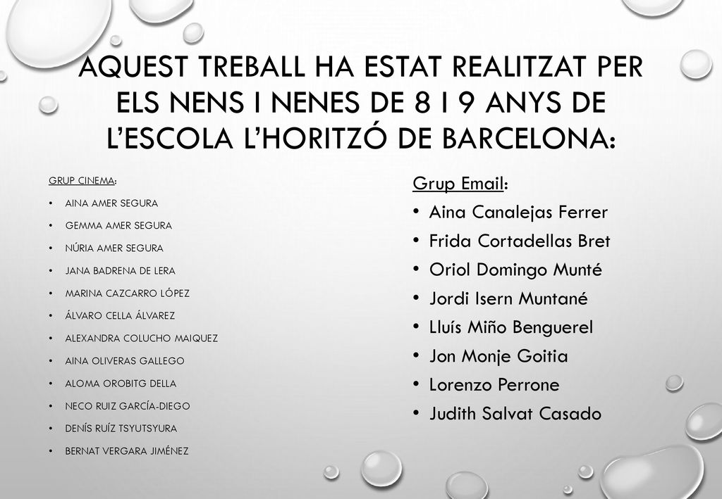 Aquest treball ha estat realitzat per els nens i nenes de 8 i 9 anys de l’Escola l’Horitzó de Barcelona: