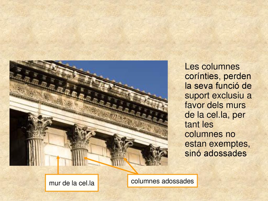 Les columnes corínties, perden la seva funció de suport exclusiu a favor dels murs de la cel.la, per tant les columnes no estan exemptes, sinó adossades