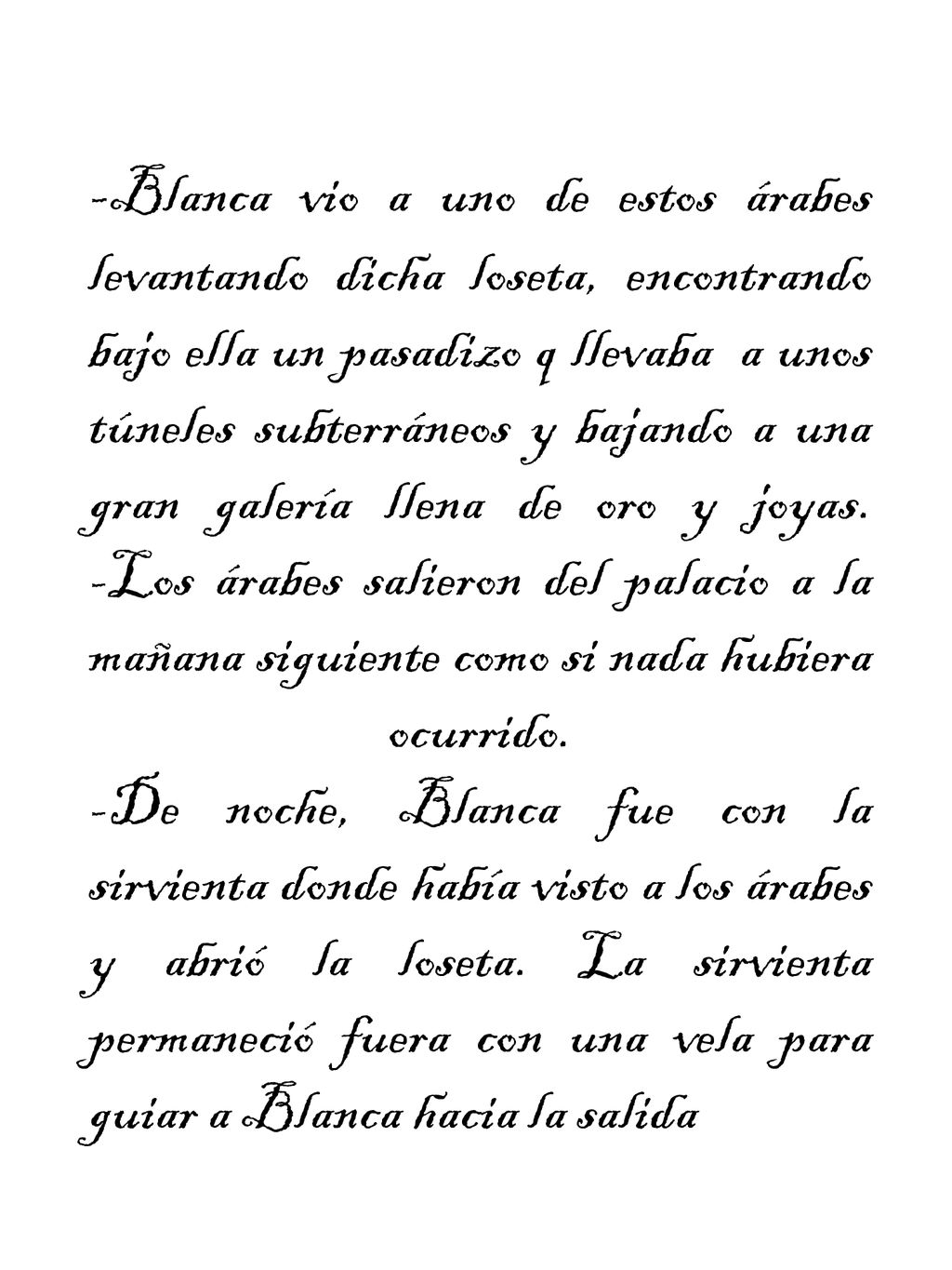 -Blanca vio a uno de estos árabes levantando dicha loseta, encontrando bajo ella un pasadizo q llevaba a unos túneles subterráneos y bajando a una gran galería llena de oro y joyas.