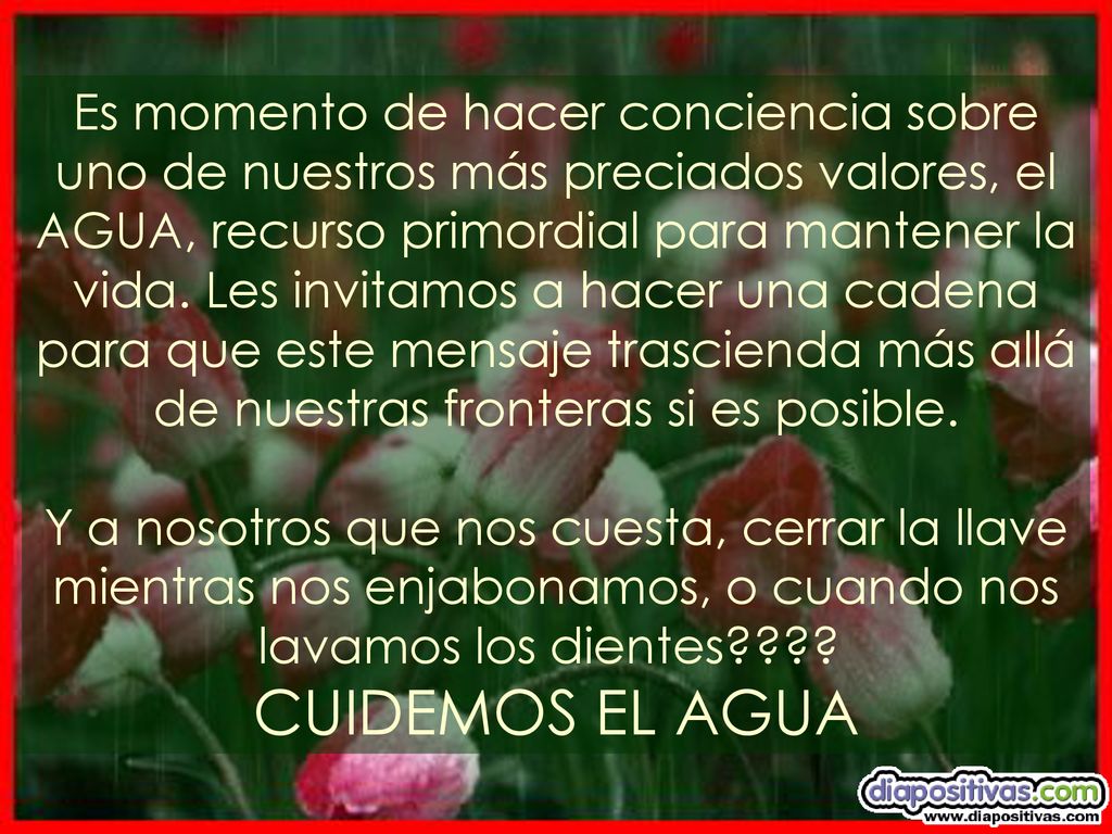 Es momento de hacer conciencia sobre uno de nuestros más preciados valores, el AGUA, recurso primordial para mantener la vida. Les invitamos a hacer una cadena para que este mensaje trascienda más allá de nuestras fronteras si es posible.