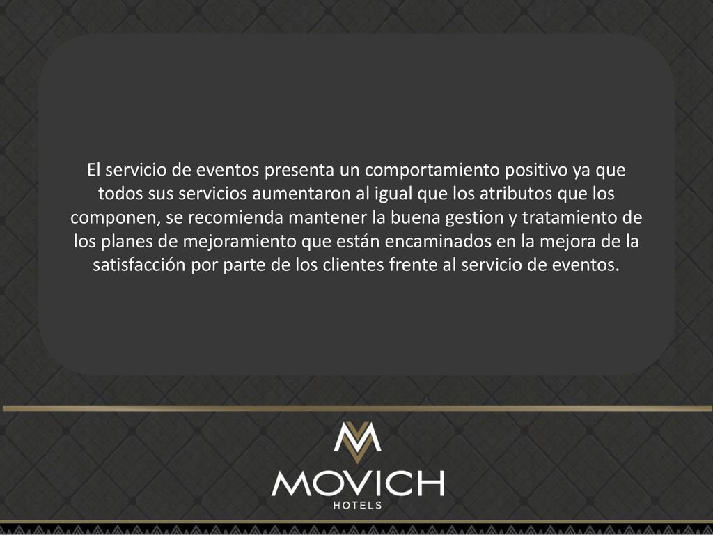 El servicio de eventos presenta un comportamiento positivo ya que todos sus servicios aumentaron al igual que los atributos que los componen, se recomienda mantener la buena gestion y tratamiento de los planes de mejoramiento que están encaminados en la mejora de la satisfacción por parte de los clientes frente al servicio de eventos.