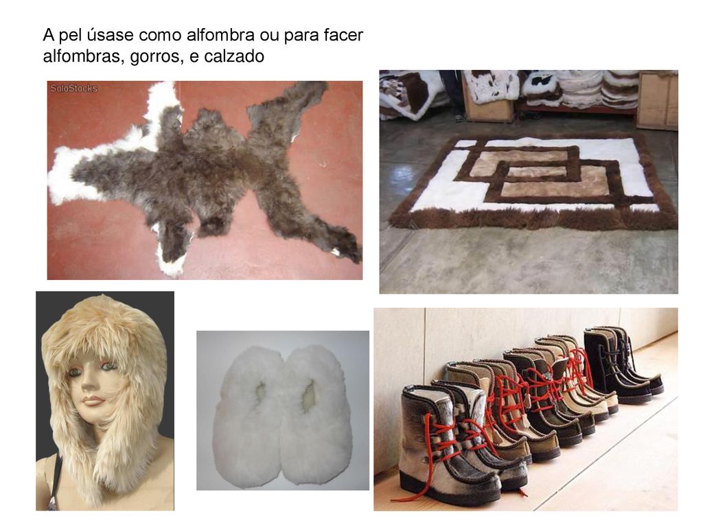A pel úsase como alfombra ou para facer alfombras, gorros, e calzado