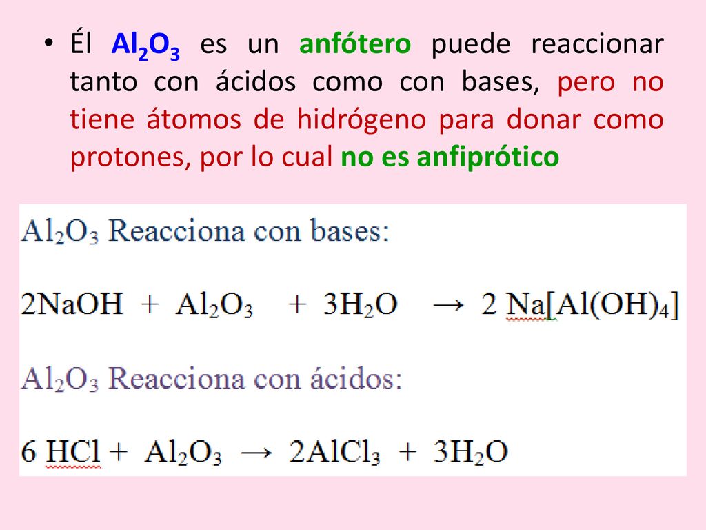 Él Al2O3 es un anfótero puede reaccionar tanto con ácidos como con bases, pero no tiene átomos de hidrógeno para donar como protones, por lo cual no es anfiprótico