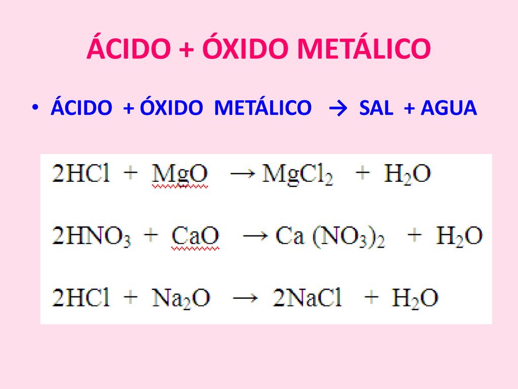 ÁCIDO + ÓXIDO METÁLICO ÁCIDO + ÓXIDO METÁLICO → SAL + AGUA