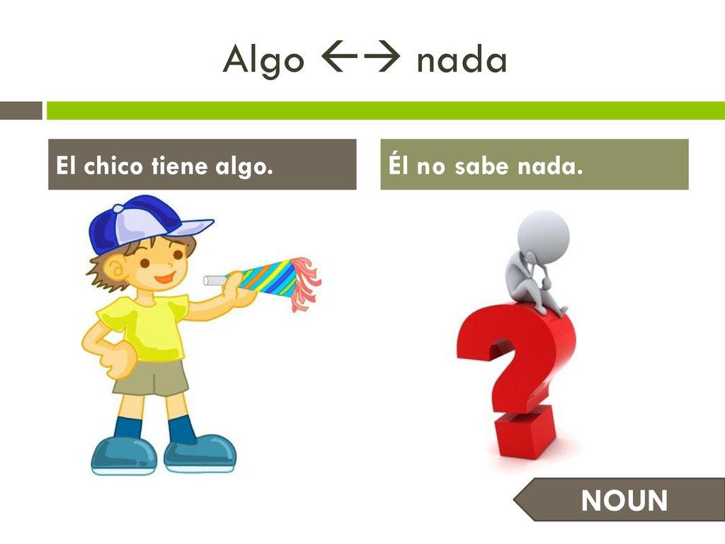 Algo  nada El chico tiene algo. Él no sabe nada. NOUN
