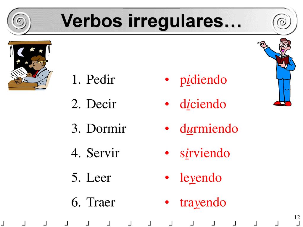 Verbos irregulares… Pedir Decir Dormir Servir Leer Traer pidiendo
