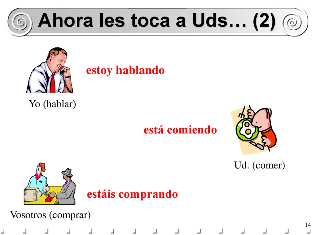 Ahora les toca a Uds… (2) estoy hablando está comiendo