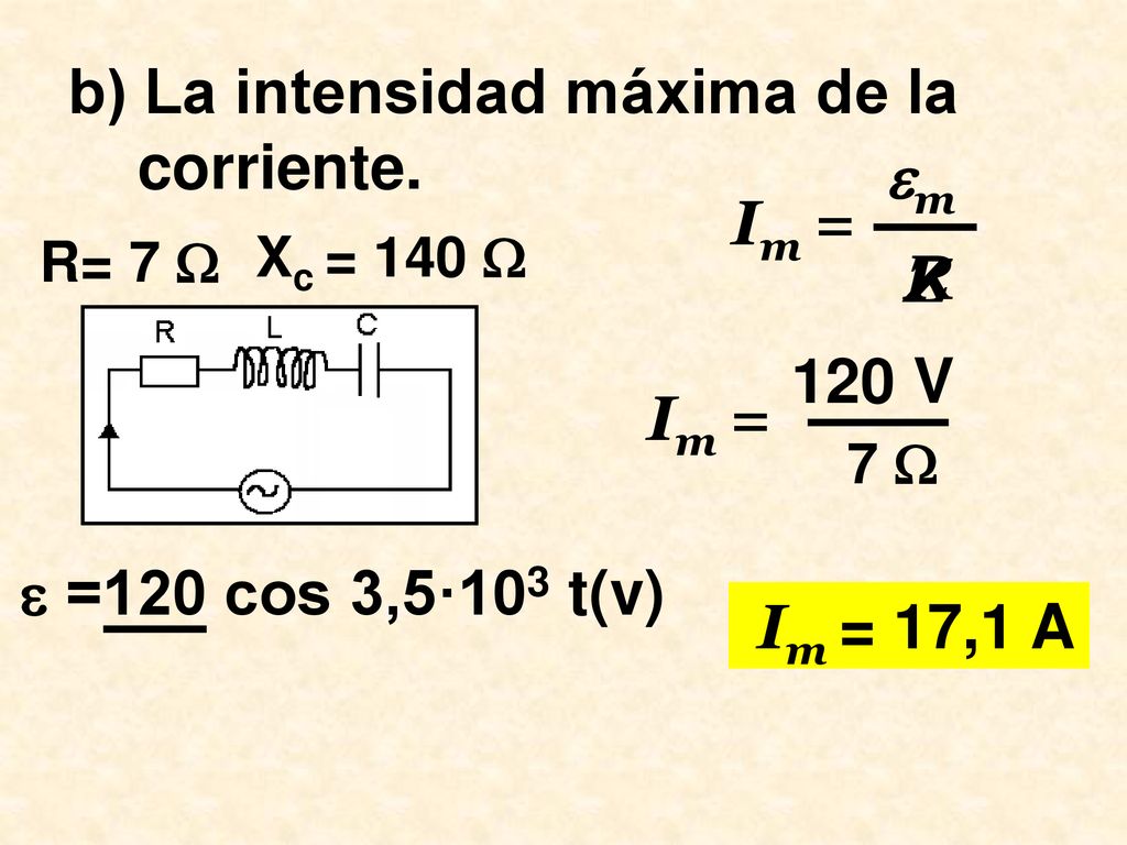 b) La intensidad máxima de la corriente. m Im = R Z
