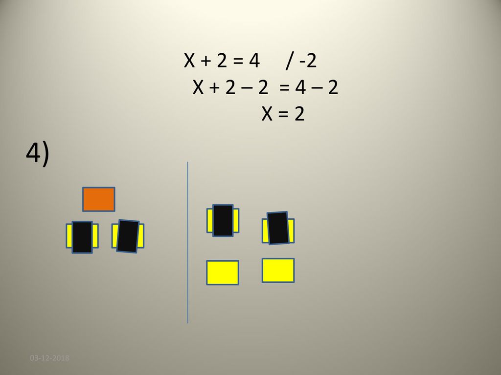 X + 2 = 4 / -2 X + 2 – 2 = 4 – 2 X = 2 4)