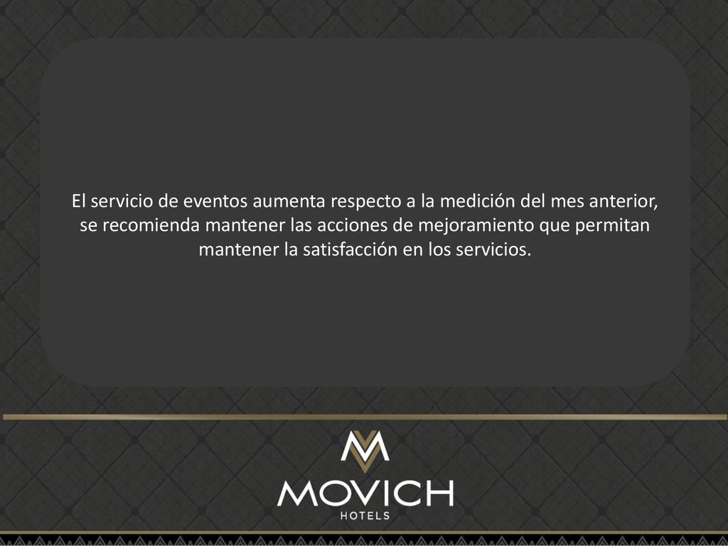 El servicio de eventos aumenta respecto a la medición del mes anterior, se recomienda mantener las acciones de mejoramiento que permitan mantener la satisfacción en los servicios.