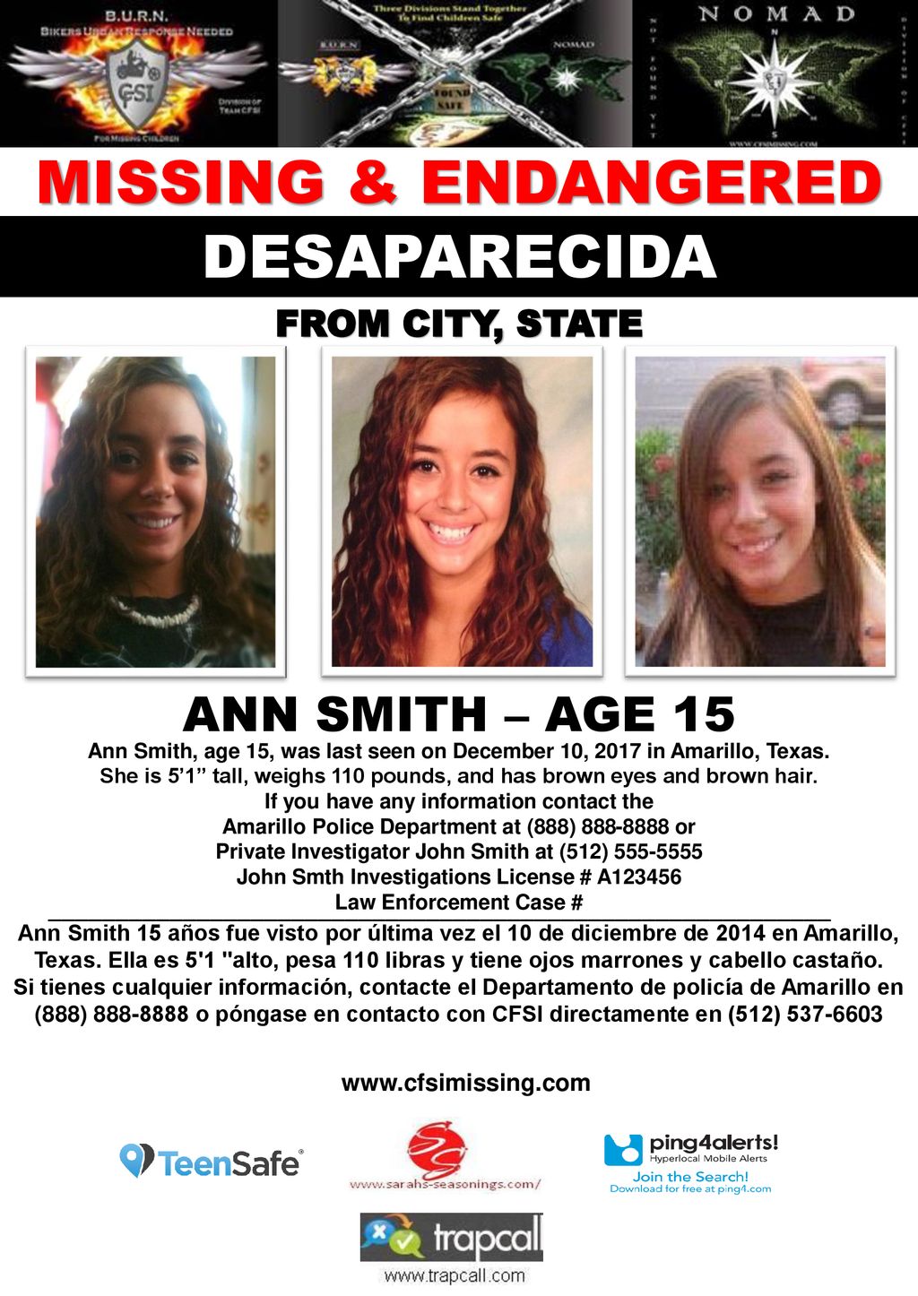 MISSING & ENDANGERED DESAPARECIDA ANN SMITH – AGE 15 FROM CITY, STATE