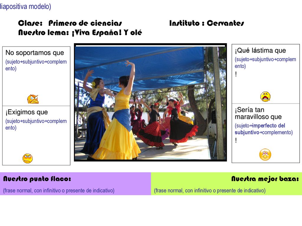 (diapositiva modelo) Clase: Primero de ciencias Instituto : Cervantes Nuestro lema: ¡Viva España! Y olé.