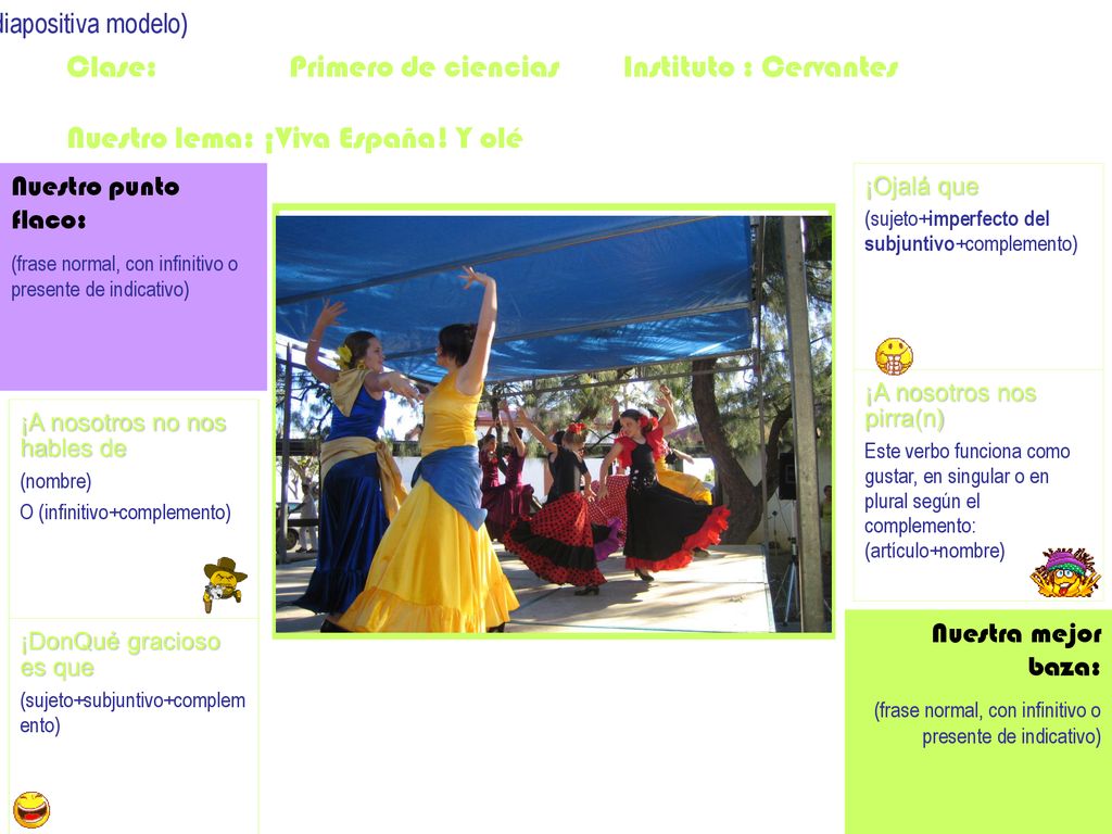 (diapositiva modelo) Clase: Primero de ciencias Instituto : Cervantes Nuestro lema: ¡Viva España! Y olé.