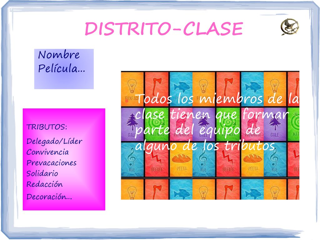 DISTRITO-CLASE Nombre. Película... Todos los miembros de la clase tienen que formar parte del equipo de alguno de los tributos.