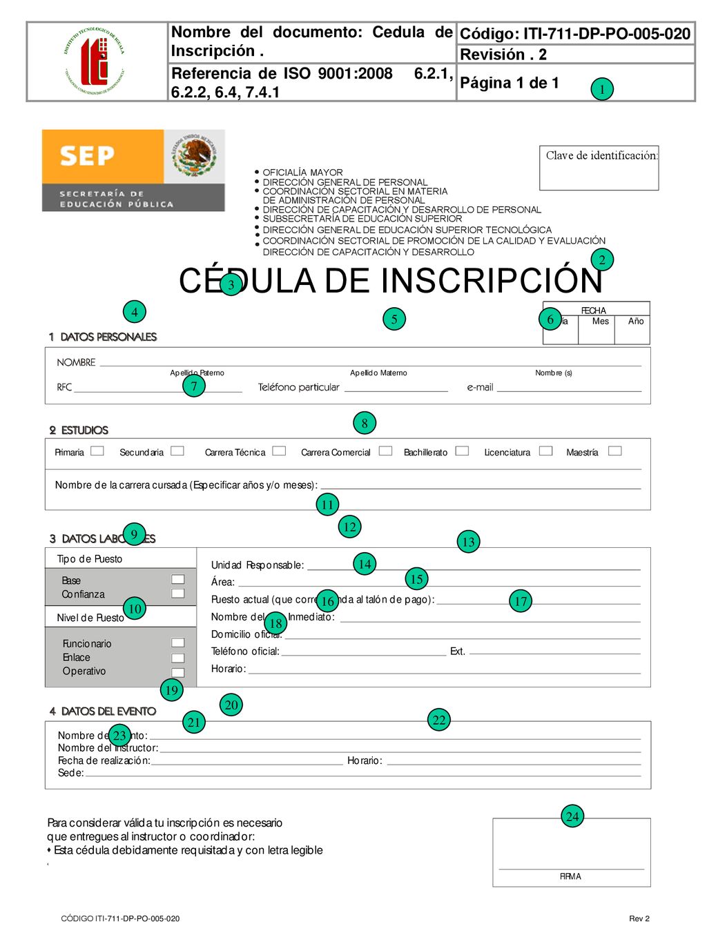 CÉDULA DE INSCRIPCIÓN Nombre del documento: Cedula de Inscripción .