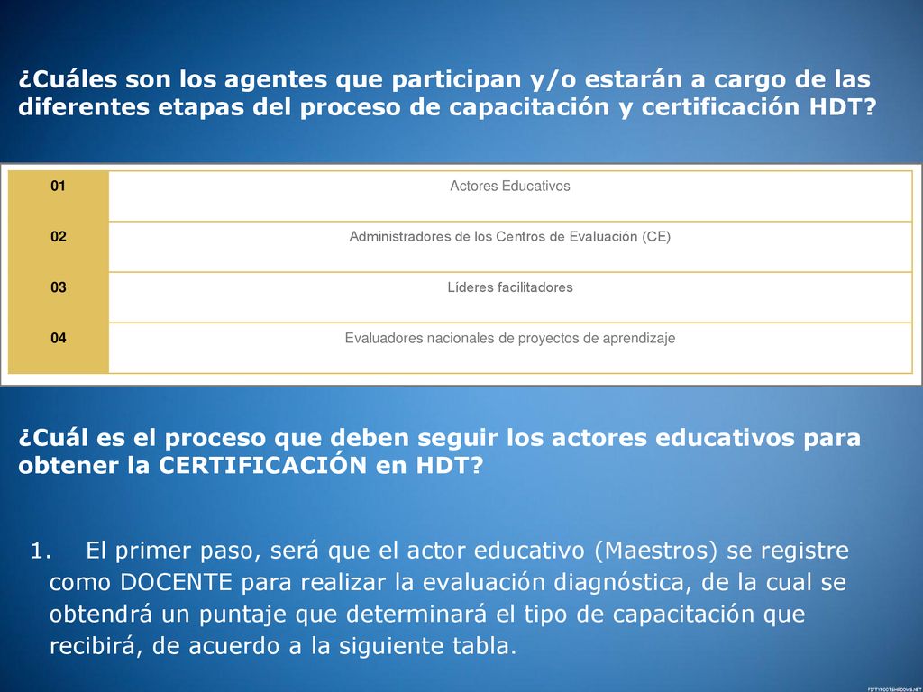 ¿Cuáles son los agentes que participan y/o estarán a cargo de las diferentes etapas del proceso de capacitación y certificación HDT