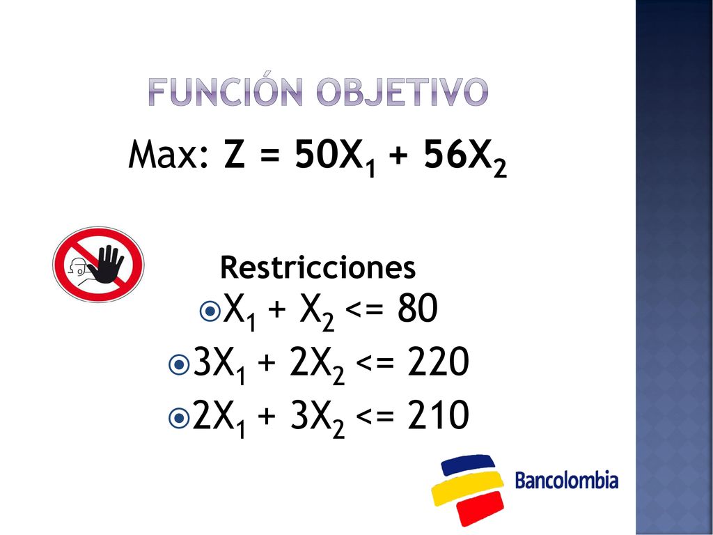 Restricciones Max: Z = 50X1 + 56X2 X1 + X2 <= 80