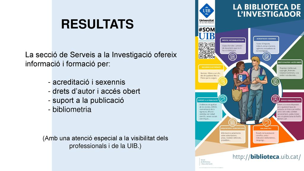 RESULTATS. La secció de Serveis a la Investigació ofereix informació i formació per: - acreditació i sexennis.