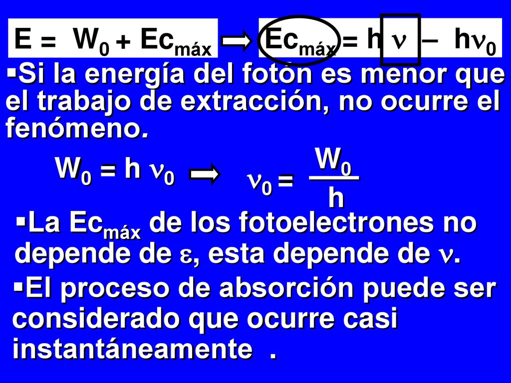 E = W0 + Ecmáx Ecmáx = h  – h0. Si la energía del fotón es menor que el trabajo de extracción, no ocurre el fenómeno.