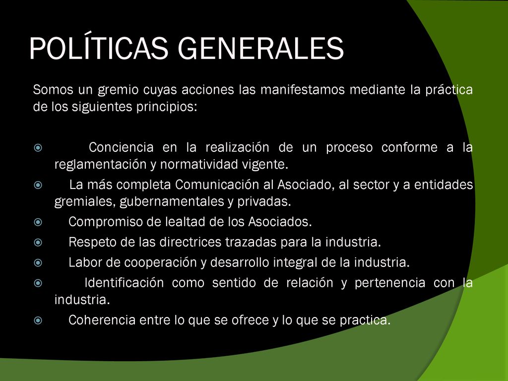 POLÍTICAS GENERALES Somos un gremio cuyas acciones las manifestamos mediante la práctica de los siguientes principios: