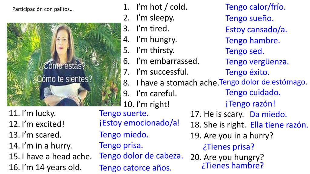 I’m hot / cold. I’m sleepy. I’m tired. I’m hungry. I’m thirsty.