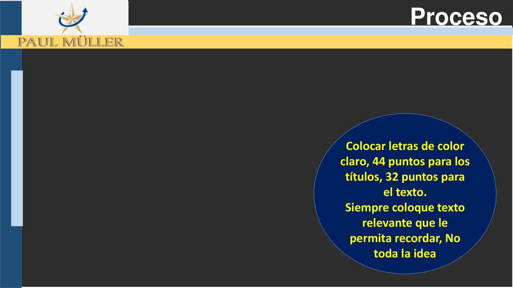 Proceso Colocar letras de color claro, 44 puntos para los títulos, 32 puntos para el texto.