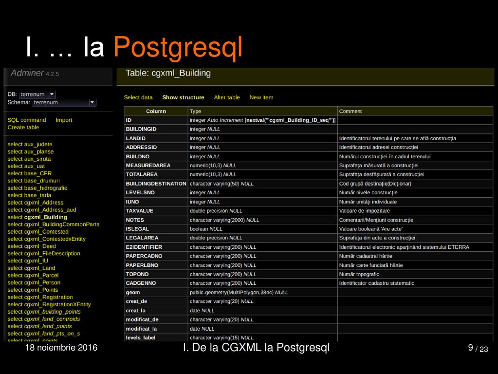I. … la Postgresql I. De la CGXML la Postgresql 18 noiembrie 2016 / 23