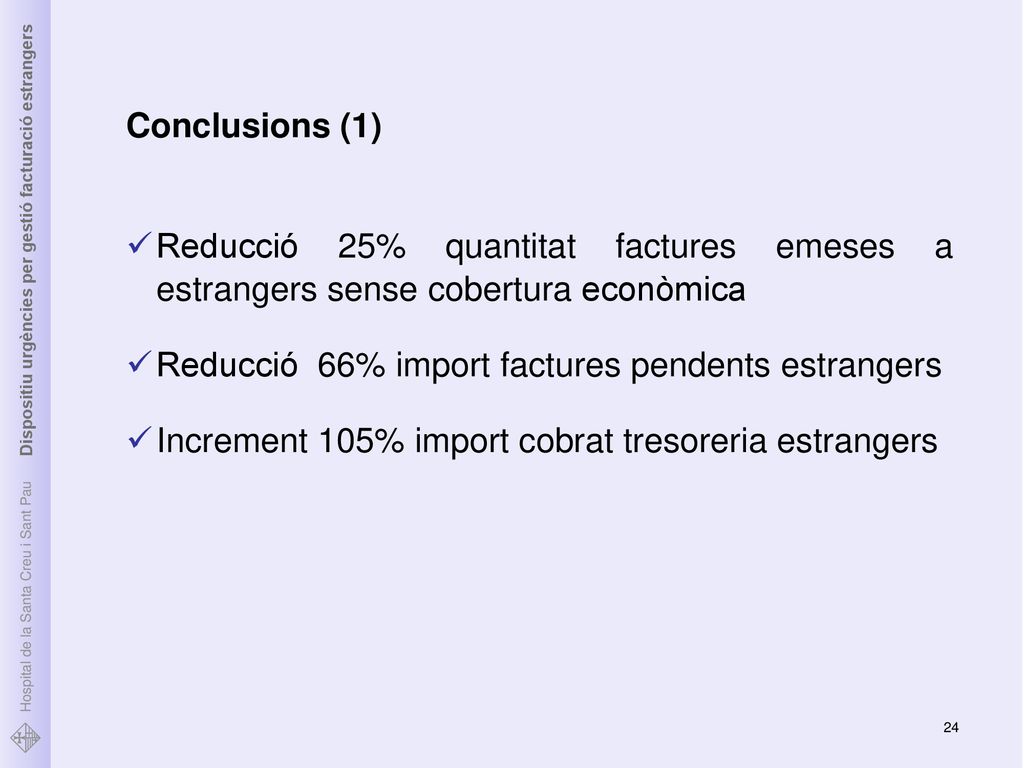 Conclusions (1) Reducció 25% quantitat factures emeses a estrangers sense cobertura econòmica. Reducció 66% import factures pendents estrangers.