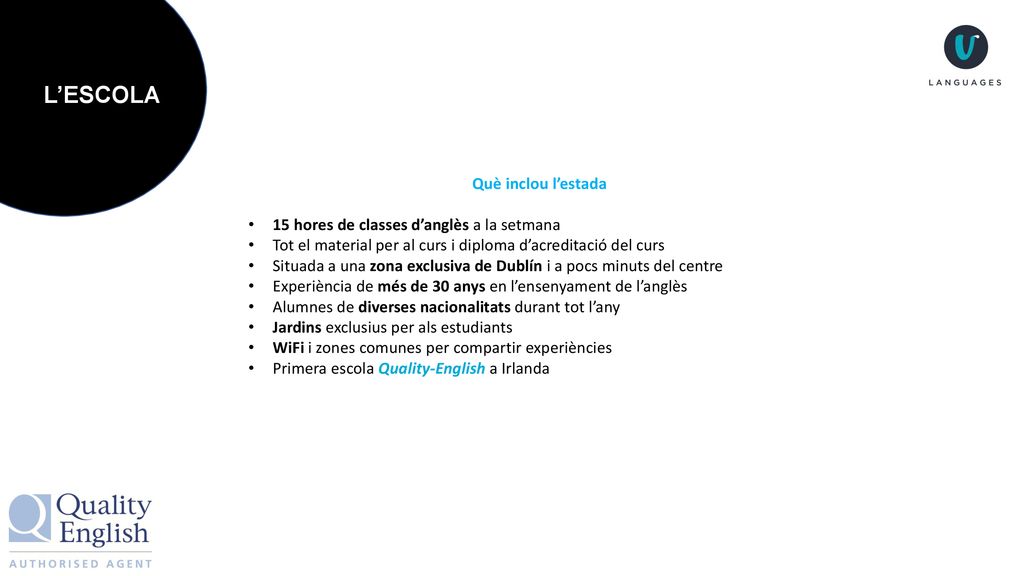 L’ESCOLA Què inclou l’estada 15 hores de classes d’anglès a la setmana
