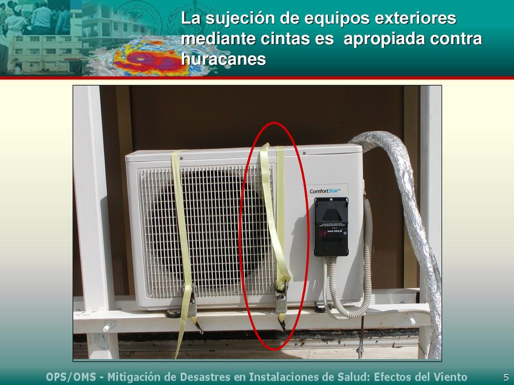 La sujeción de equipos exteriores mediante cintas es apropiada contra huracanes